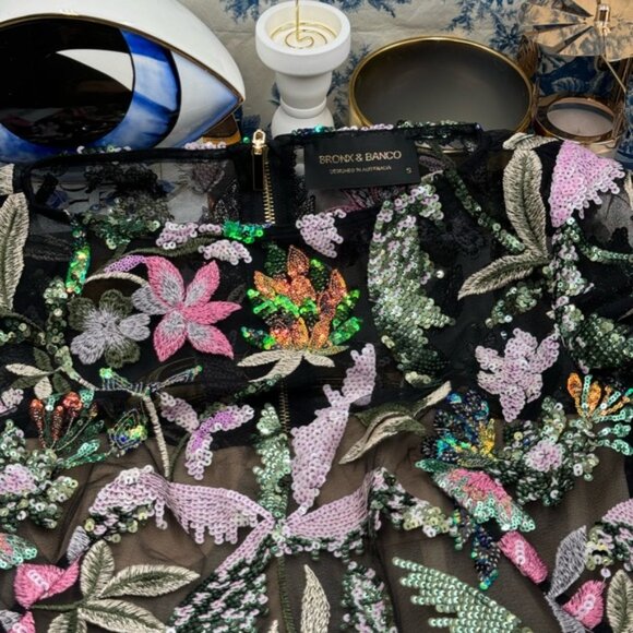 🆕 BRONX & BANCO 🧿 NWOT Zinnia Side-Split Sequin & Embroidered Gown, Sz S US 4 - Picture 12 of 16